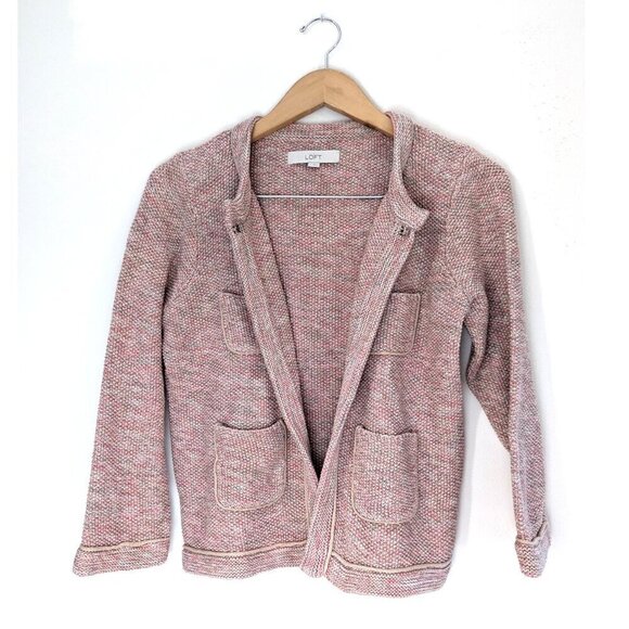 Ann Taylor Loft Pink and Silver Knit Cotton Blend Crop Sweater Jacket - Picture 8 of 13